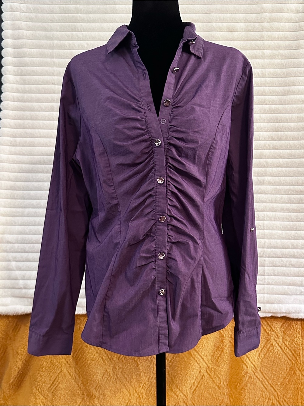 New York & Company Deep Purple Ruched Button-Front Shirt